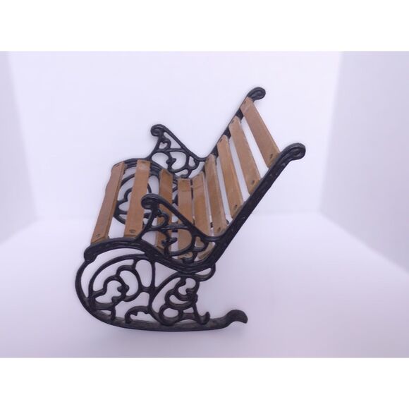 Vintage Cast Iron and Wood 10" Miniature Rocking Doll / Teddy Bear Bench - Picture 3 of 16